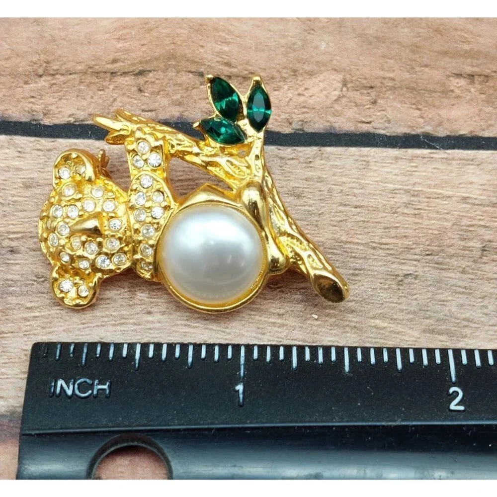 Figural Faux Pearl Koala Bear Brooch Gold Tone Rhinestone Accents 1.5